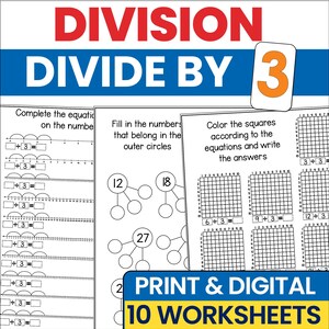 Dividieren durch 3 Teilungs-Arbeitsblätter | 2.3.Klasse Mathe-Übungs | Hausschulaktivität | Teilungs-Fakten-flüssiges Arbeitsbuch | Druckbare PDF-Blätter
