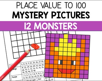 Place Value Math Worksheets of Monster Mystery Pictures, Place Value Hundred Chart Monster Coloring Pages, Printable PDF Math Fun Sheets