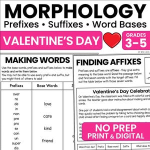 Valentine's Day Morphology Worksheets | Affixes Prefixes Suffixes & Root Word Activities | 3rd 4th 5th Grade ELA | Printable PDF Literacy