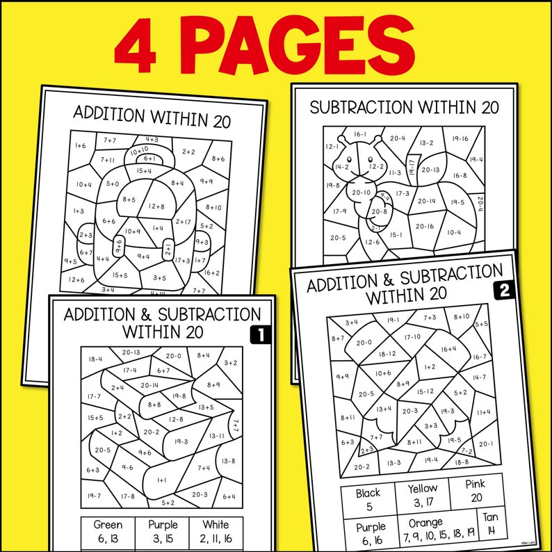 Color by Number Addition and Subtraction Within 20 Worksheets, Math Number Facts Practice ...