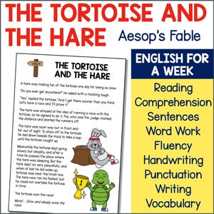 Die Schildkröte und der Hase, Aesop Fable Alphabetisierungsstunden für eine Woche, Arbeitsblätter zum Schreiben, Wortsuche, Handschriftlinien, Wörter machen usw