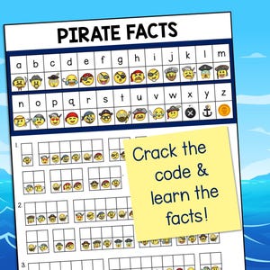 May include: A printable worksheet with a pirate theme. The worksheet has a code to crack using emojis. The code is based on the alphabet. The worksheet has a title "Pirate Facts" and instructions "Crack the code & learn the facts!"