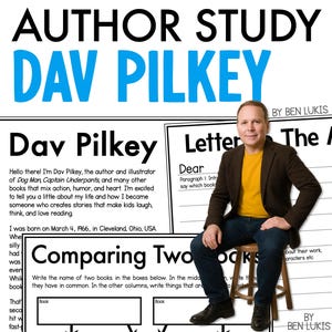 May include: Educational resource featuring author Dav Pilkey. The image includes text: "Author Study Dav Pilkey" and "Fan Fiction Writing". A man in a brown jacket and jeans sits on a stool. The resource includes worksheets.