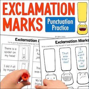 Peut inclure: Feuille de travail éducative intitulée "Exclamation Marks Punctuation Practice" avec du texte orange. La feuille de travail comprend des phrases à compléter et des activités d'appariement. Une main d'enfant tient un bâton de colle, prête à terminer l'exercice.