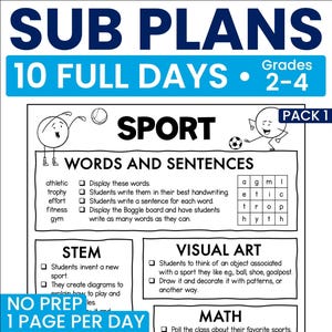 Substitute Teacher Plans Grades 2-4 | 10 Full-Day No-Prep Sub Plans | Emergency Classroom Activities Themed Lessons | Printable PDF