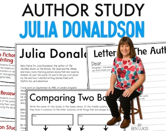 May include: An educational resource on Julia Donaldson, featuring worksheets for writing and book comparisons. Julia Donaldson is pictured, wearing a patterned top and black trousers, seated on a stool.