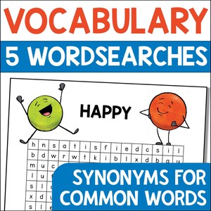 Word Searches of Other Words for Big, Little, Good, Said, Happy, Sad, Angry. Printable PDF Synonym Worksheets for Kids to Expand Vocabulary