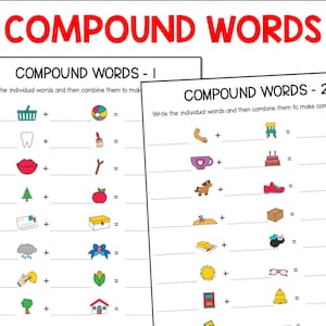 Può includere: Due fogli di lavoro con illustrazioni di oggetti per aiutare i bambini a imparare le parole composte. Il primo foglio di lavoro ha un cestino della spesa, un dente, un labbro rosso, un albero di Natale, una lettera, una nuvola, una mano che tiene una moneta e un albero. Il secondo foglio di lavoro ha un braccio, una tazza da tè, un cavallo, un cappello, un pezzo di burro, una mosca, un sole, una porta e una campana.
