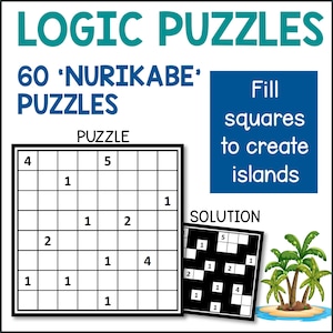 Nurikabe Logic Puzzles Digital Download, 60 Challenges Brain Teasers, Printable IQ Games, Family Activity, Homeschool Educational Puzzles
