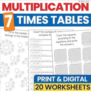 7 Times Table Multiplication Practice Worksheets, x7 Math Fluency Homeschool Workbook, Multiply By 7, Printable PDF Digital Download
