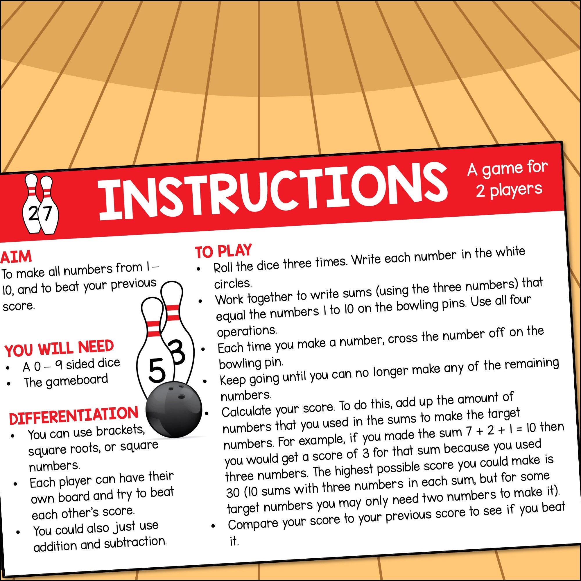 Four Operations Math Game, Bowling Numbers, Math Facts Printable PDF