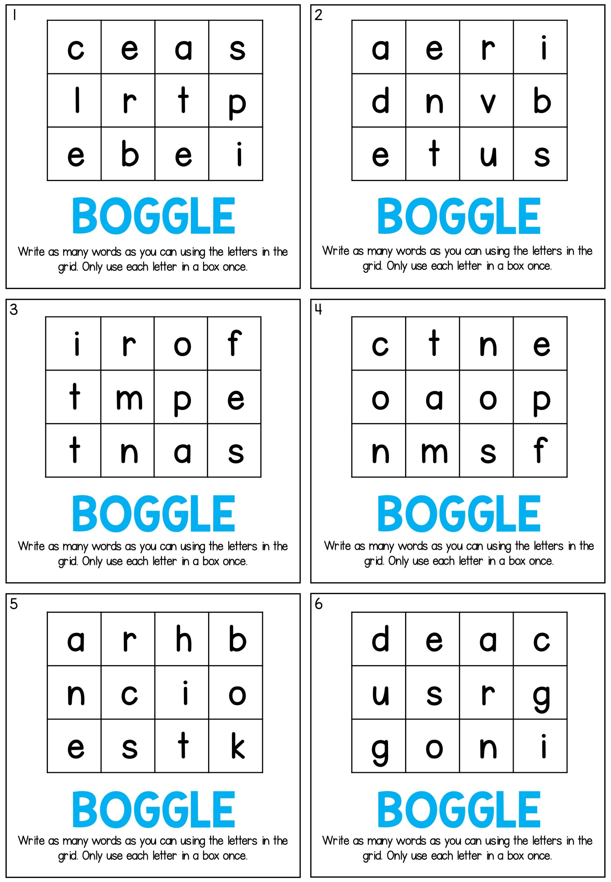 Boggle Cards for Spelling and Making Words, Printable PDF Boggle ...