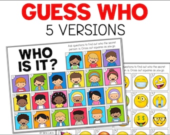 Guess Who Game Sheets, Kids Party Game, Fun Puzzles for Road Trips and Rainy Days, Practice Asking Questions, Printable PDF Board Games