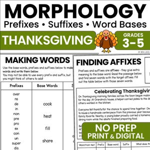 May include: A Thanksgiving-themed educational worksheet titled Morphology: Prefixes, Suffixes, Word Bases for grades 3-5. It features sections for Making Words and Finding Affixes, including a list of prefixes, base words, and a short reading passage.