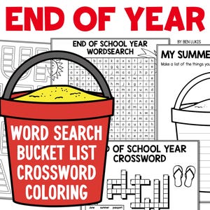 End Of School Year Activities, Last Week of School Coloring Pages, Crossword, Summer Bucket List Writing & Word Search Activity Sheets