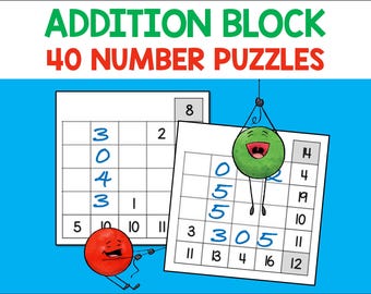 Addition Block Puzzles, 40 Number Challenges, Kids Math Games (Printable PDF Download)