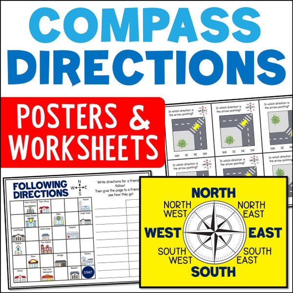 Compass Rose Educational Posters, Math Task Cards and Activities, Ordinal And Cardinal Directions Worksheets and Activities, Printable PDF
