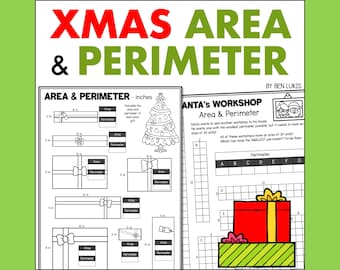 Area & Perimeter Christmas Math Worksheets, Homeschool Math Practice 3rd Grade, Printable PDF School Learning, Area Perimeter Mathematics