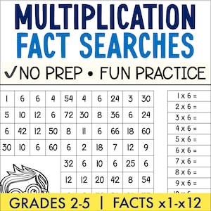 Búsquedas de números de multiplicación, sopas de letras de matemáticas, práctica de tablas de multiplicar para 2.º, 3.º y 4.º grado, hojas de trabajo de multiplicación imprimibles en PDF.