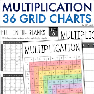 Puede incluir: Un papel blanco con tablas de multiplicación, con un diseño de cuadrícula con números. El título "MULTIPLICATION 36 GRID CHARTS" está en la parte superior. El texto "FILL IN THE BLANKS" también es visible.