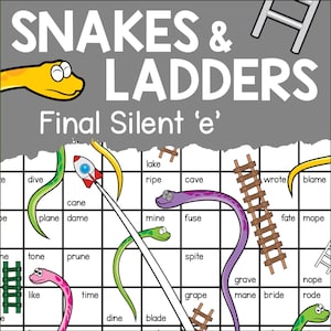 Könnte beinhalten: Ein Schlangen-und-Leitern-Brettspiel mit einem farbenfrohen Design. Das Spielfeld verfügt über ein Gitter mit Schlangen und Leitern, und die Felder sind mit Wörtern beschriftet, die auf den Buchstaben 'e' enden.