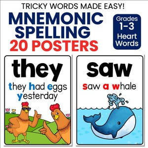 以下が含まれることがあります： 「Tricky Words Made Easy!」と題された教育用ポスターセット。1～3年生向けの記憶術スペリングが特徴です。「they」と「saw」の単語が、ニワトリとクジラのイラストとともに掲載されています。「they had eggs yesterday」と「saw a whale」というテキストが書かれています。