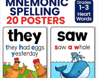 Mnemonic Spelling Posters | Tricky Words Visual Aids | High Frequency & UFLI Heart Words | Homeschool Spelling Help | Printable PDF