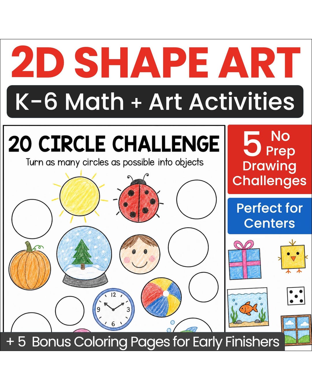 Shape Challenge 2D Shape Art Drawing Challenge | No Prep Geometry Activities for Kids ...