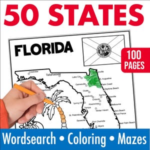 50 US States Coloring Pages, Wordsearches & Mazes, USA Flags and Symbols Geography, Printable PDF Homeschool Activity Sheets for Kids