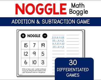 Addition and Subtraction Math Game, Noggle - Math Boggle, Printable Math Game, Number Fact Fluency, 2nd & 3rd Grade Educational Family Fun