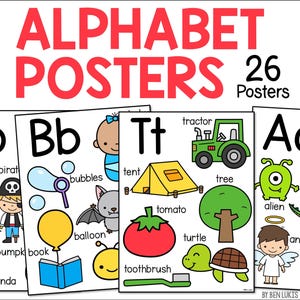 Alphabet Poster, Buchstaben des Alphabets Bilder, Lernwandposter, Lesen lernen, druckbare PDF-Download, Homeschool Decor