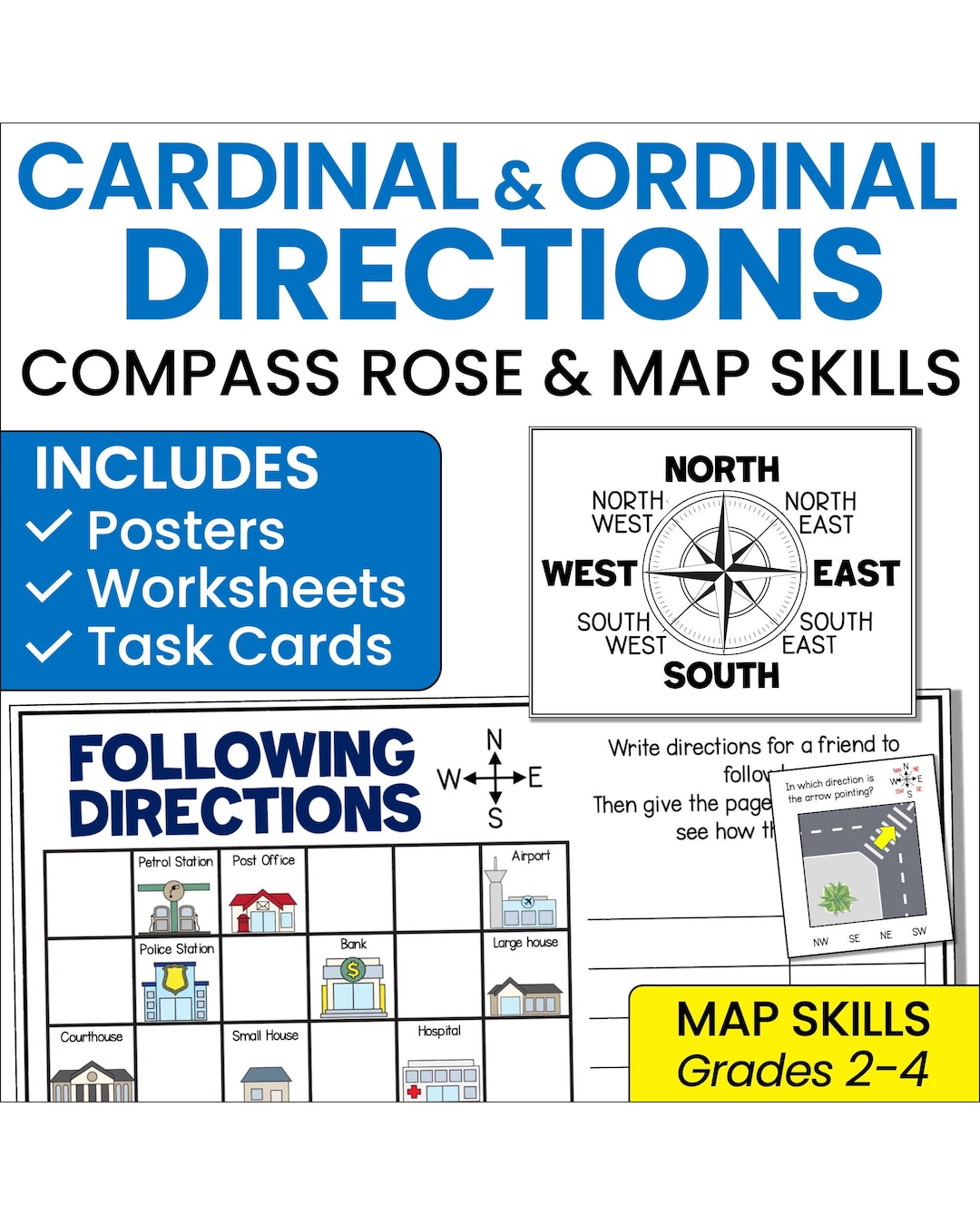 Cardinal & Ordinal Directions Activities | Compass Rose Worksheets and ...