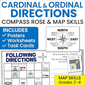 Activités pour les directions cardinale et ordinale | Feuilles d'exercices et posters Rose des vents | Unité des compétences cartographiques | Activités de géographie pour la 2e à la 4e année PDF