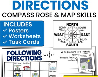 Cardinal & Ordinal Directions Activities | Compass Rose Worksheets and Posters | Map Skills Unit | Geography Activities Grades 2-4 PDF