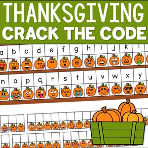 Thanksgiving Crack the Code-spel, leuke educatieve activiteit voor kinderen, informatiebron voor thuisonderwijs, feestelijk puzzelblad, afdrukbaar pdf-werkblad