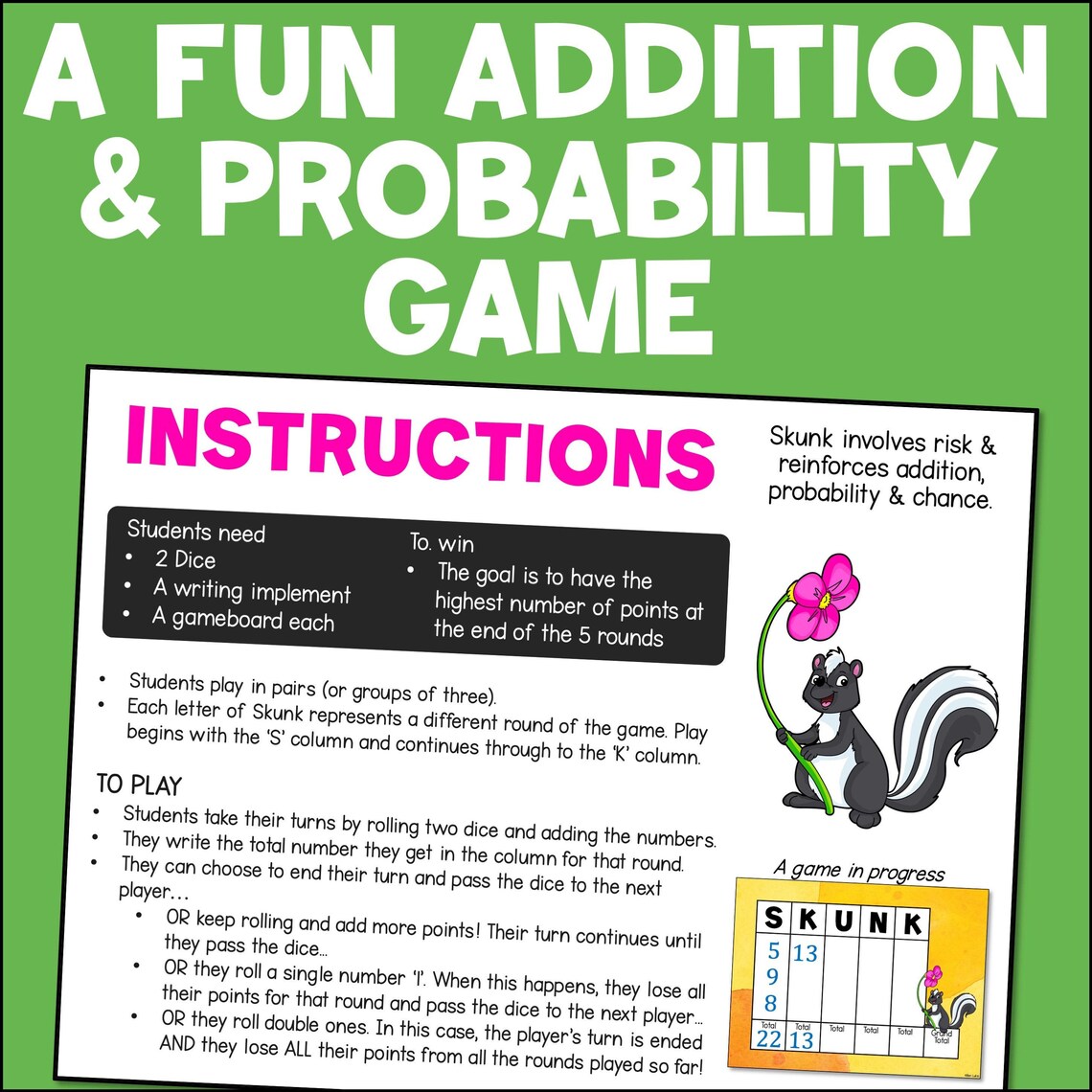 Skunk Math Game Addition Probability Printable Pdf Etsy