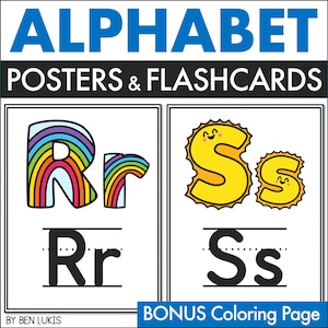 Cartazes do alfabeto ABC, flashcards e páginas para colorir, cartazes de parede educativos de alfabetização ELA, cartões de apoio visual para leitura e ortografia