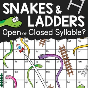 Può includere: Un tabellone da gioco Serpenti e Scale colorato con un razzo, serpenti e scale. Il tabellone da gioco contiene parole come "ro", "lap", "fri", "wet", "he", "but", "my", "it", "be", "top", "flu", "pig", "he", "lot", "ta", "sit", "by", "dad", "pi", "go", "six", "ma", "hen", "pin", "yo", "ex", "vi", "at", "he", "lot". Il tabellone da gioco è progettato per imparare le sillabe aperte e chiuse.