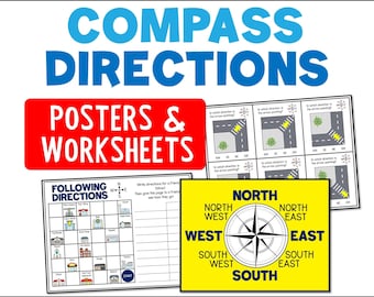Compass Activity Worksheets Posters for Kids, Ordinal And Cardinal Directions Worksheets and Activities, Math Task Cards, Printable PDF