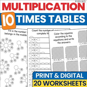 10 Times Table Multiplication Worksheets, Multiply By 10 Math Fluency Practice Homeschool Workbook, Printable PDF Digital Download