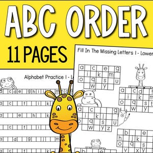 Activiteiten alfabetische volgorde, alfabetoefening afdrukbare pdf-werkbladen, ABC-bestelbladen, vul de ontbrekende letters in, vroege geletterdheid