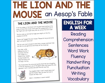 May include: A colorful printable worksheet for teaching English with a picture of a lion and a mouse. The worksheet includes activities for reading comprehension, sentences, word work, fluency, handwriting, punctuation, writing, and vocabulary. The text on the worksheet reads "The Lion and the Mouse an Aesop's Fable".