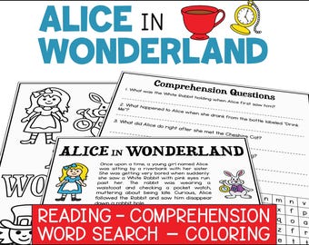 Alice in Wonderland-leesactiviteitenpakket, begrip, woord zoeken (afdrukbare pdf)