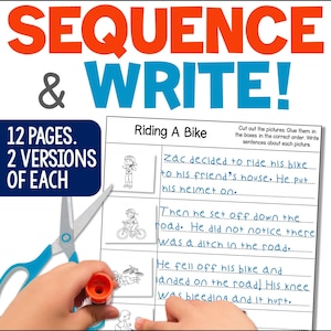 Sequencing Pictures and Sentence Writing Practice Worksheets, Printable PDF Writing Pages for Homeschool, ELA for 1st Grade and 2nd Grade
