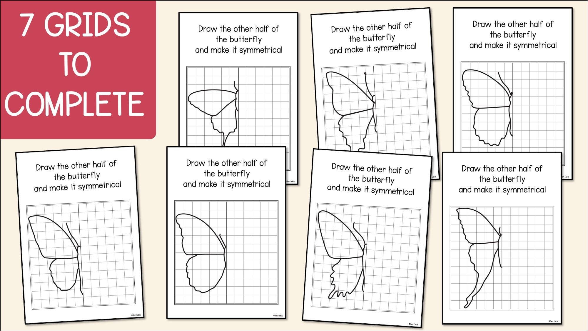 Butterfly Symmetry Drawing Worksheets, Math Art Activity (printable PDF ...