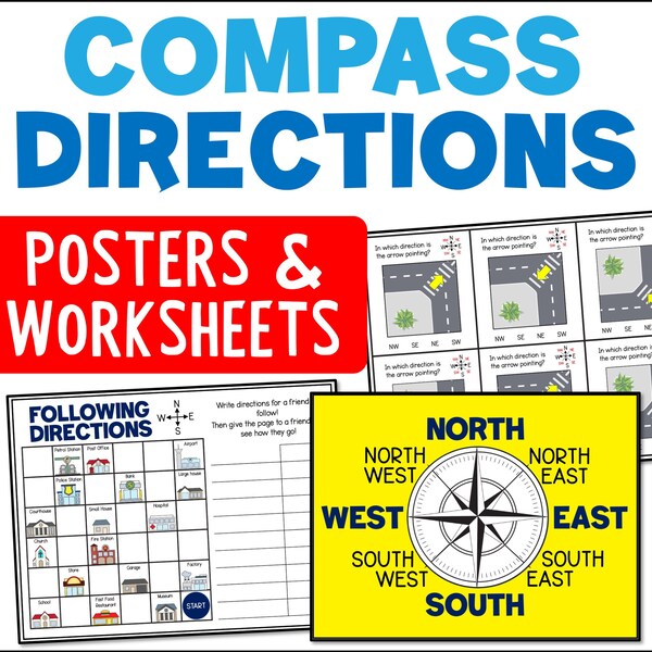 Compass Rose Educational Posters, Math Task Cards and Activities, Ordinal And Cardinal Directions Worksheets and Activities, Printable PDF