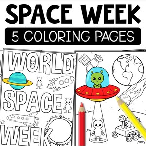 Pode incluir: Cinco páginas para colorir em preto e branco com ilustrações com tema espacial. As páginas incluem um foguete, uma nave espacial, um planeta, um sol e um alienígena. O texto "No World Space Week" aparece em uma das páginas.