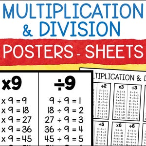 Rekenposters met vermenigvuldigen en delen en naslagbladen, posters met maaltafels en delen, afdrukbare pdf Educatieve thuisschoolposters