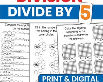 Werkbladen delen delen door 5 | Wiskundeoefening 2e 3e leerjaar | Afdrukbare pdf-huisschoolactiviteit | Werkboek Vloeiendheid van divisiefeiten