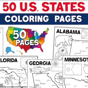 50 USA States Coloring Pages, US State Symbols and Flags, School & Homeschool Geography Coloring Sheets, Printable PDF Learning Worksheets